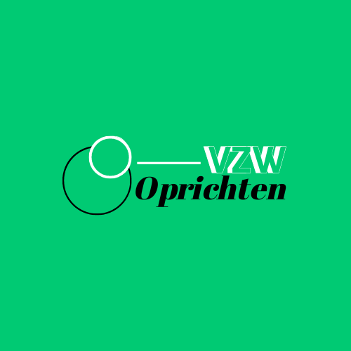 Groene achtergrond met een logo met een cirkel en de tekst "VZW Oprichten" in contrasterende kleuren.